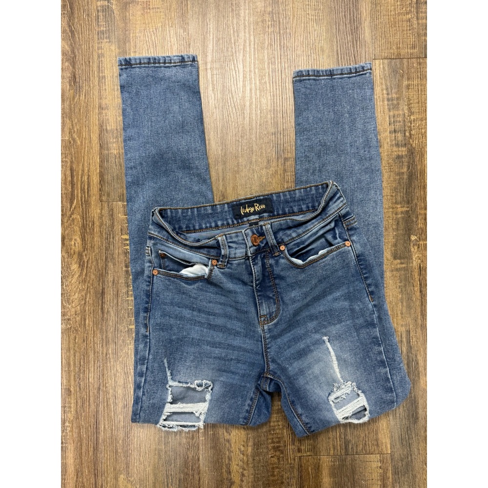 Indigo Rein Skinny Jeans Sz 7 Blue Distressed Ripped High Rise Medium Wash Denim - Picture 8 of 10